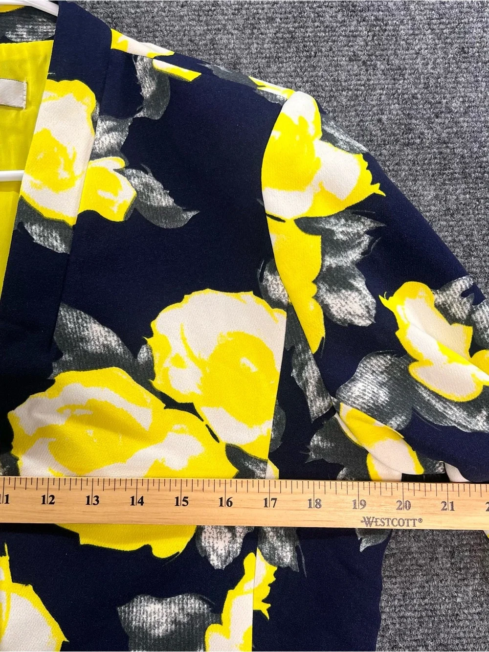 Ovi Open-Front Cropped Blazer Sz Large Navy Blue/Yellow Floral Print Career Work